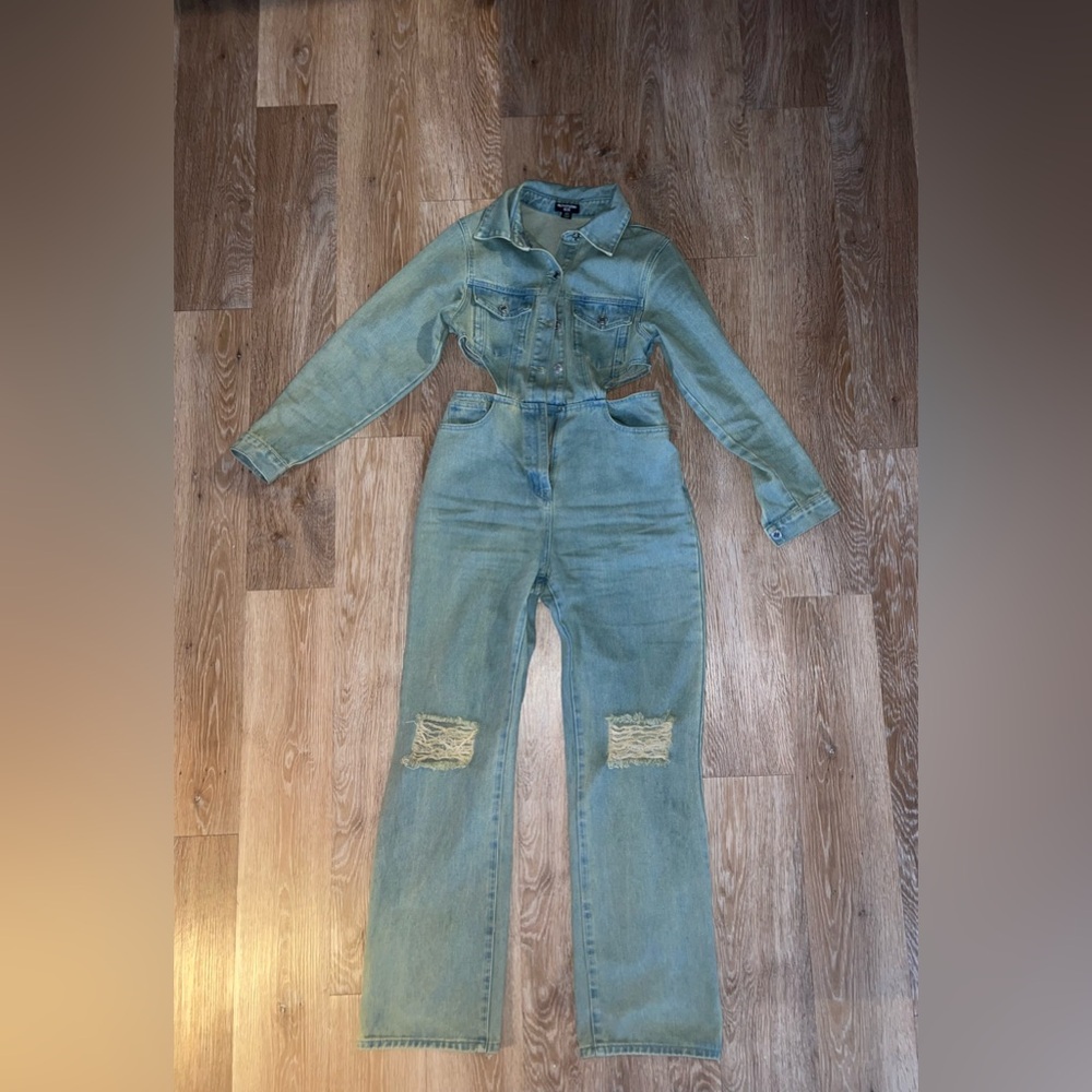 PLT denim jumpsuit 
Side cut outs